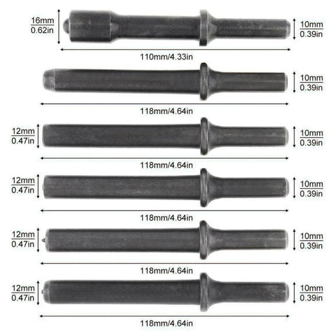 7 Piece Air Hammer Rivet Bit Set With 0.401 Shank For Pneumatic Rivet Hammers, Beefy 45# Steel Bits with lengths and measurements.