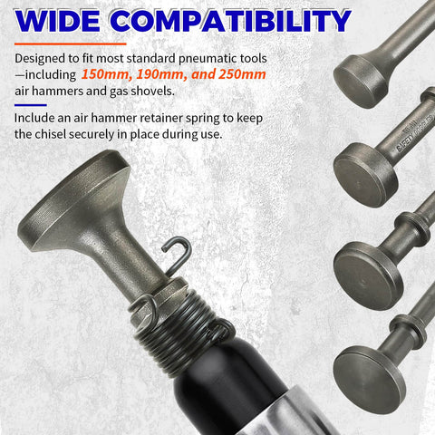 Close-up of 5 Piece Smoothing Air Hammer Tool Kit With Pneumatic Chisel Bits And Spring Attachments For Durable Metalworking