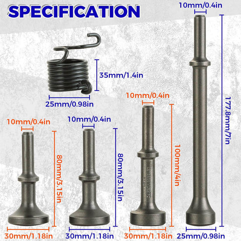 Specifications of the 5 Piece Smoothing Air Hammer Tool Kit with pneumatic chisel bits and spring attachments.