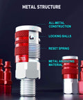 Close-up of Sixteen Piece Universal Air Hose Fittings And Quick Connect Kit For Air Compressors showing metal structure details.