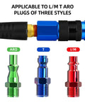 One Quarter Inch By Ten Foot Pro Grade Reinforced Polyurethane Air Hose With Bend Restrictor And Self Coiling Design Includes IM Plug Kit And Industrial Quick Coupler For Air Compressors Lightweight Durable Abrasion Puncture Grease Resistant Green with visual of ARO, T, I/M plug types.