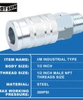 One Half Inch Air Hose Fittings Set With High Flow Industrial Style Coupler And Plugs Three Piece Steel Quick Connect Kit For Air Compressors 300 PSI Rating Includes Half Inch MNPT And Half Inch NPT Plugs