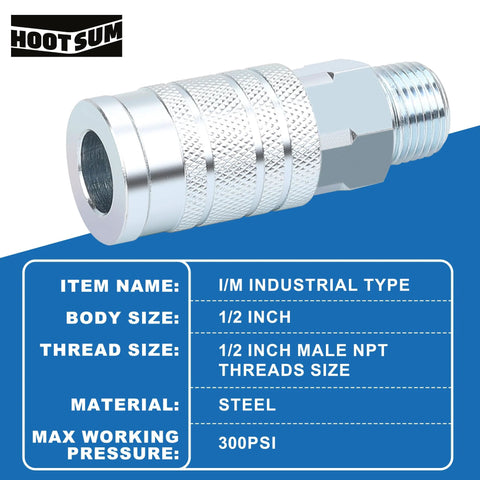 One Half Inch Air Hose Fittings Set With High Flow Industrial Style Coupler And Plugs Three Piece Steel Quick Connect Kit For Air Compressors 300 PSI Rating Includes Half Inch MNPT And Half Inch NPT Plugs
