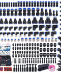 200 Piece Quick Connect Air Hose Fitting Kit With Push To Connect Pneumatic Fittings in various sizes, organized in a box.