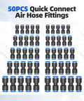 DIY Friendly Pro Grade 50 Piece Quick Connect Air Hose Fittings Kit In Five Diameters 5/32 1/4 5/16 3/8 1/2 Inch