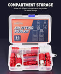 Sixteen Piece Universal Air Hose Fittings And Quick Connect Kit for air compressors in storage box with visible compartments.