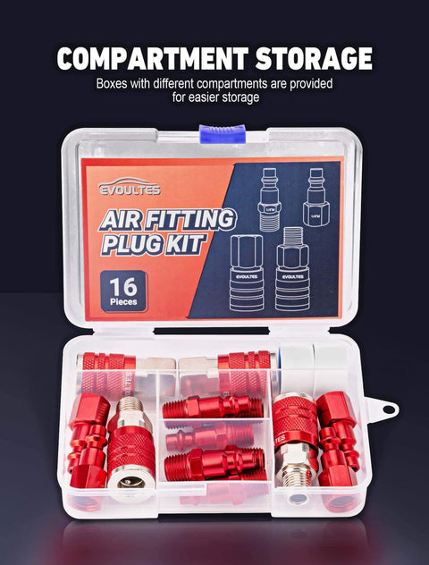 Sixteen Piece Universal Air Hose Fittings And Quick Connect Kit for air compressors in storage box with visible compartments.