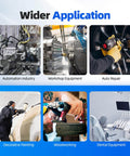 Multiple applications of DIY Friendly Pro Grade 50 Piece Quick Connect Air Hose Fittings Kit shown in various industries.