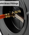Close-up of retractable three eighth inch by fifty foot air hose reel with auto rewind hybrid hose showing brass fittings.