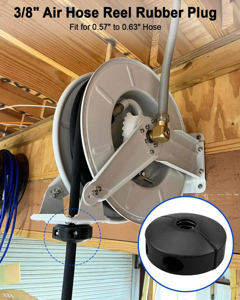 Two Pack Three Eighths Inch Air Hose Reel Rubber Stopper Replacements For Spring Driven Reels Adjustable Auto Rewind Retractable Hose Stop For Hoses About Nine Sixteenths Inch To Five Eighths Inch Prevents Unwanted Retraction installed on reel