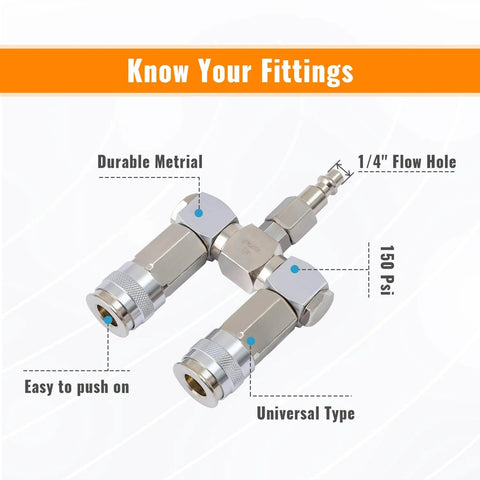 Two Way Air Hose Splitter With 1/4 Inch Quick Connect Fittings, Turns One Line Into Two With 2 Universal Couplers And Industrial Air Plug