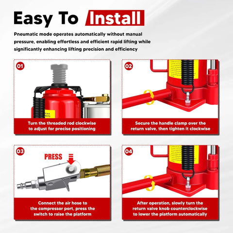 Installation guide for Heavy Duty 20 Ton Air Hydraulic Bottle Jack With Pneumatic Pump Ten And A Quarter Inch To Twenty Inch Lift Range Manual Handle Welded Steel Construction Chrome Piston Rod Includes Color Box For Cars Trucks RVs Auto Repair.