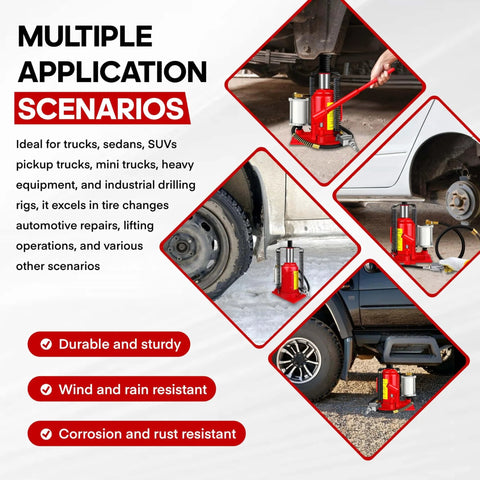 Heavy Duty 20 Ton Air Hydraulic Bottle Jack With Pneumatic Pump Ten And A Quarter Inch To Twenty Inch Lift Range Manual Handle Welded Steel Construction Chrome Piston Rod Includes Color Box For Cars Trucks RVs Auto Repair shown lifting vehicles in various scenarios, highlighting durability and resistance characteristics.