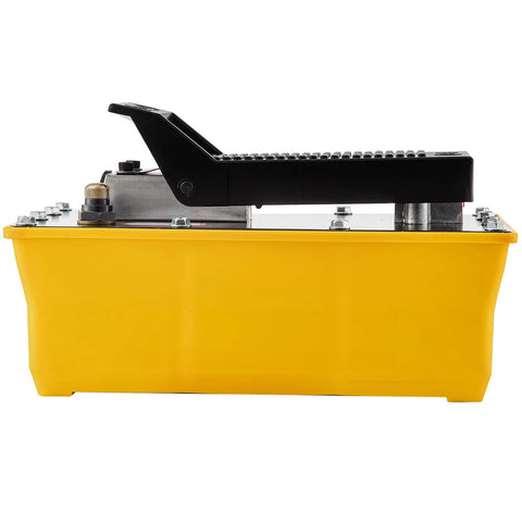 Side view of Air Hydraulic Pump, 10,000 PSI Hydraulic Foot Pump, 0.6 Gal Reservoir Foot Operated Air/Hydraulic Pump in yellow