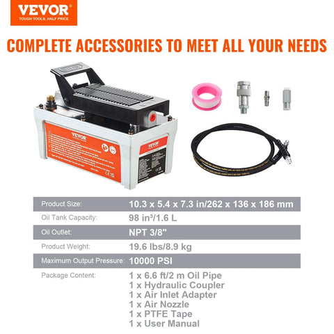 Air Hydraulic Pump, 10,000 PSI 1/2 Gal Reservoir, NPT 3/8" Oil Outlet, NPT 1/4" Inlet, 6.6 ft Pipe, Foot Actuated Hydraulic Pump Air Treadle for Auto Body Frame Machines and Pulling Post, Grey with accessories