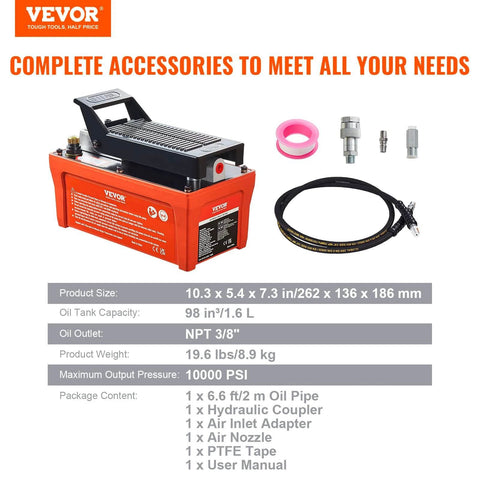 Air Hydraulic Pump, 10,000 PSI 1/2 Gal Reservoir, NPT 3/8" Oil Outlet with accessories, orange, side view