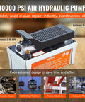 Air Hydraulic Pump, 10,000 PSI 1/2 Gal Reservoir, NPT 3/8" Oil Outlet, NPT 1/4" Inlet, 6.6 ft Pipe, Foot Actuated Treadle, Grey