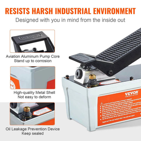 Close-up of foot-actuated hydraulic pump with 10,000 PSI, 1/2 gal reservoir, visible metal shell, and oil leakage prevention device.