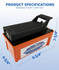 Pro Grade Air Hydraulic Pump With Foot Operated Control For 10,000 PSI Heavy Duty Lifting In Machinery And Auto Repair Half Gallon Reservoir Delivers Real Power For Automotive And Industrial Jobs, shown from front angle with dimensions.