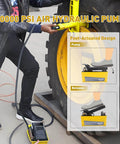 HYDRAULIC PRO 10,000 PSI Air Hydraulic Pump with 1.6L Reservoir, foot pedal operated, displayed next to large tire