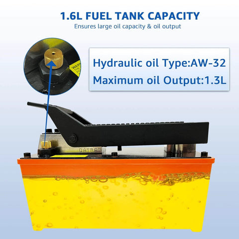 HKTE Air Hydraulic Pump, Pedal-Activated, High-Pressure 10K PSI, 0.5 Gallon Tank, shown side view with tank and pedal