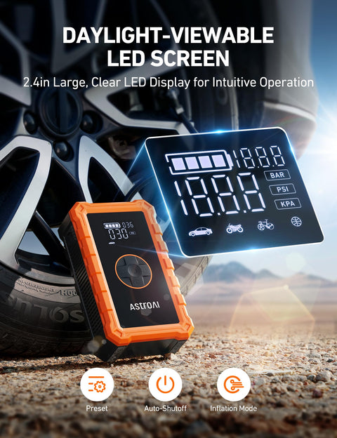 S8 Air Jump Starter With Air Compressor, 3000A Peak Power for 9.0 Gas and 6.5L Diesel shown with LED display near tire