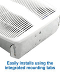 Side view of Advantage 50 CFM Ceiling Exhaust Fan For Bathrooms Quiet 3 Sones White By Air King America Efficient Ceiling Vent No Fuss Install Seven And A Half Inch Housing Ten Inch Grill Three Inch Duct Collar Perfect For Bathrooms Up To Sixty Square Feet showing white grill and mounting tabs.
