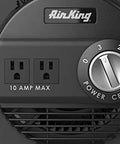 Close-up of Air King Pivoting Utility Fan with 3-speed dial and grounded outlets. 11.25 Inch ABS Plastic Body.