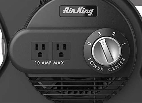 Close-up of Air King Pivoting Utility Fan with 3-speed dial and grounded outlets. 11.25 Inch ABS Plastic Body.
