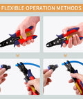 Air Line Pliers Quick Connect Tool for One Quarter Inch and Five Sixteenth Inch Pneumatic Hoses, shown in usage.