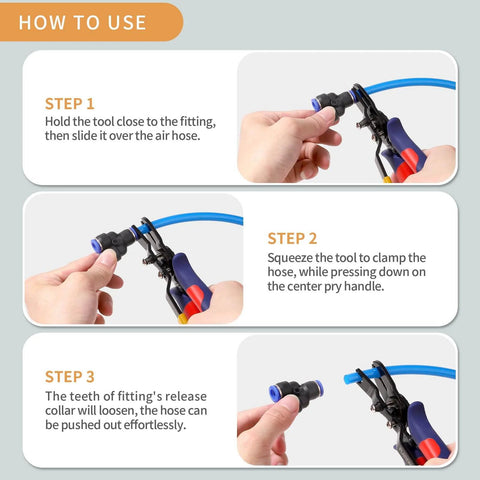 Steps to use Air Line Pliers Quick Connect Tool For One Quarter Inch And Five Sixteenth Inch Pneumatic Hoses, Hose Release Pliers