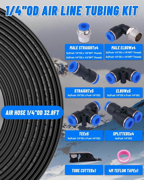 One Quarter Inch Air Line Tubing Kit with 33 Feet PA Nylon Hose, Cutter, Teflon Tape, and 30-Piece Connectors for Air Brakes