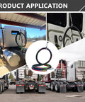 Securely holds air hoses and power cords with a heavy duty tender spring kit, shown installed on semi trucks for line protection.