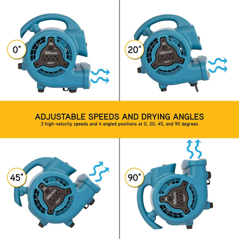 Mini Mighty 138 W Air Mover Delivers 600 CFM Centrifugal Power For Fast Carpet Drying Floors And More Stackable Daisy Chain Ready Blower For Water Damage Restoration Janitorial Plumbing And Home Use By XPOWER showing adjustable drying angles