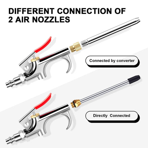 13-Piece 2-Way Air Nozzle Kit with Quick Connects showing two nozzle connection types for efficient tool performance.