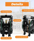 Air-Operated Double Diaphragm Pump, 35 GPM Dual Diaphragm Air Pump Pneumatic Waste Oil Transfer Pump, front and side view with ports labeled.