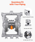 Front view of an air operated double diaphragm pump, 6.6 GPM, 3/8 inch inlet & outlet, aluminum alloy body, max 100 PSI.