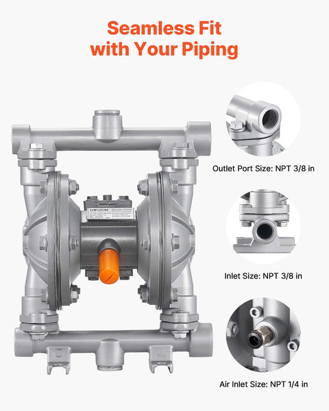 Front view of an air operated double diaphragm pump, 6.6 GPM, 3/8 inch inlet & outlet, aluminum alloy body, max 100 PSI.