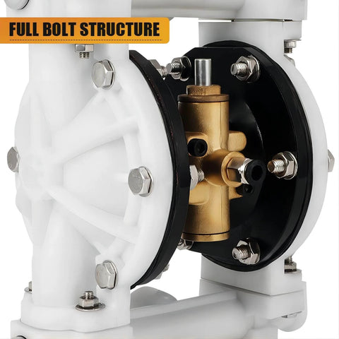 Air Operated Double Diaphragm Pump QBK-15 showing full bolt structure with PTFE and nitrile rubber diaphragms