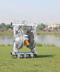 Side view of Air Operated Double Diaphragm Pump, 6.6 GPM, 3/8 inch Inlet & Outlet Pneumatic Waste Oil Transfer Pump, aluminum body