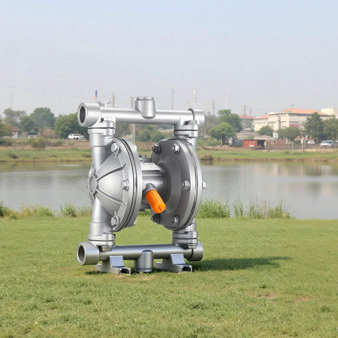 Side view of Air Operated Double Diaphragm Pump, 6.6 GPM, 3/8 inch Inlet & Outlet Pneumatic Waste Oil Transfer Pump, aluminum body