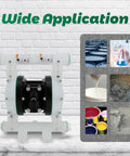 Front view of Air Operated Double Diaphragm Pump, 12 GPM Dual Diaphragm Air Pump Pneumatic Waste Oil Transfer Pump for Chemical, 1/2 Inch Inlet/Outlet with application examples.