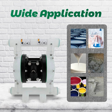 Front view of Air Operated Double Diaphragm Pump, 12 GPM Dual Diaphragm Air Pump Pneumatic Waste Oil Transfer Pump for Chemical, 1/2 Inch Inlet/Outlet with application examples.