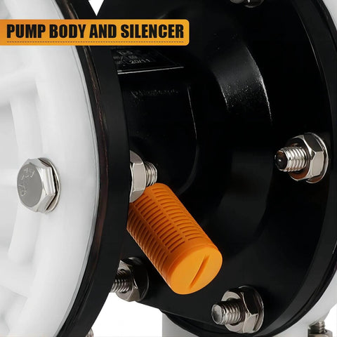 Close-up view of air operated double diaphragm pump QBK-15 body and silencer, stainless steel components visible