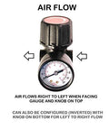 Reliable One Quarter Inch NPT air regulator with steel protected gauge guard shown with airflow direction indicators.