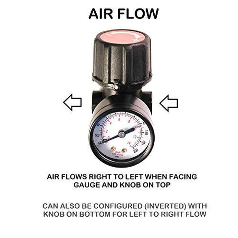 Reliable One Quarter Inch NPT air regulator with steel protected gauge guard shown with airflow direction indicators.