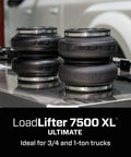 Premium air spring kit delivers up to 7500 lbs leveling, adjustable 5 to 100 psi, shown on display table for trucks.