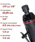 1/4 Inch Mini Air Straight Die Grinder AP17314 with specifications, showing chuck size, speed, air consumption, weight, and air inlet size.