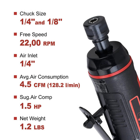 1/4 Inch Mini Air Straight Die Grinder AP17314 with specifications, showing chuck size, speed, air consumption, weight, and air inlet size.