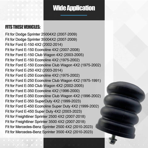 Air Suspension Helper Spring Kit 106-47, black, shown with wide application list for Ford E-150 E-250 E-350 E-450 and Sprinter 2500 3500.
